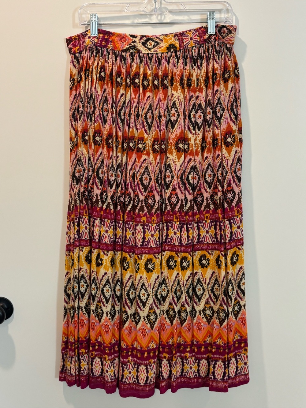 Boho Hippie Maxi Skirt in Pink, Orange & Yellow Ikat Print XL